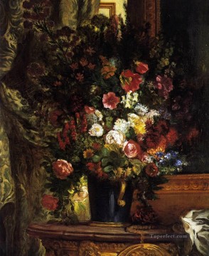 フラワーズ Painting - コンソールに置かれた花瓶 ウジェーヌ・ドラクロワ